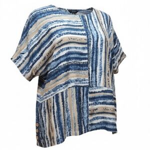 Ali Miles | Blue Tan Neutral Abstract Stripe Tunic Relaxed Boxy Button Boho | 2X